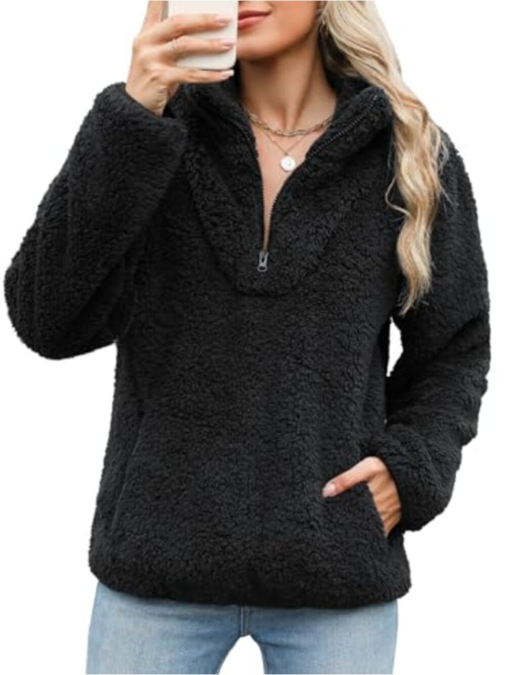 Fleece Sherpa Pullover Sweatshirt Half Zip Stand Collar Loose Fit Winter Warm